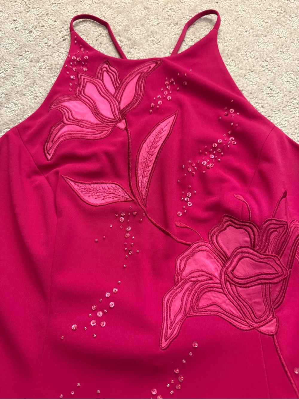 Fuchsia Pink Floral Embroidered Maxi Dress Beaded Gown Formal High Neck Formal 6 - Picture 5 of 11